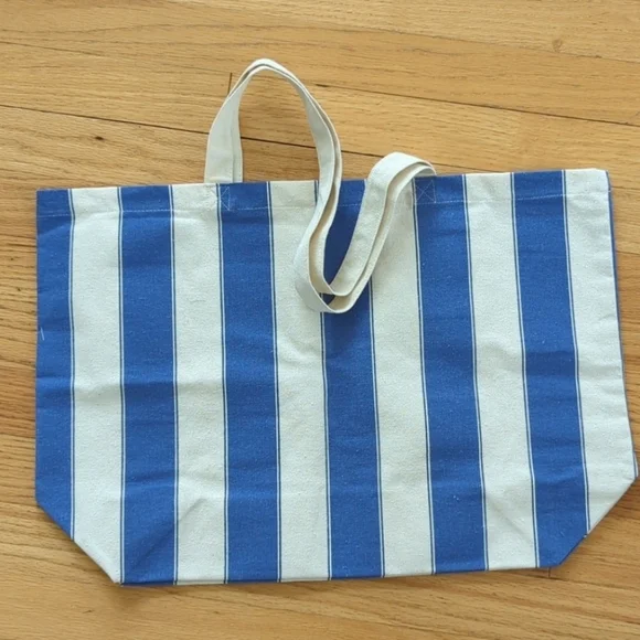 New Sézane Striped Canvas Tote Bag Blue Cream French Bonjour - Picture 2 of 4